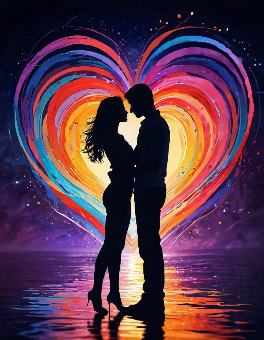 A visually captivating scene depicting the intertwining of passion and intimacy, featuring an abstract heart made of vibrant colors swirling together in a rich palette. Silhouettes of a couple leaning towards each other, surrounded by soft glowing lights that symbolize connection and warmth. Introduce elements of nature like flowers and gentle waves in the background to evoke a sense of depth and tranquility. Create a dreamy atmosphere that inspires exploration of emotions. vibrant colors. abstract art. soft focus.