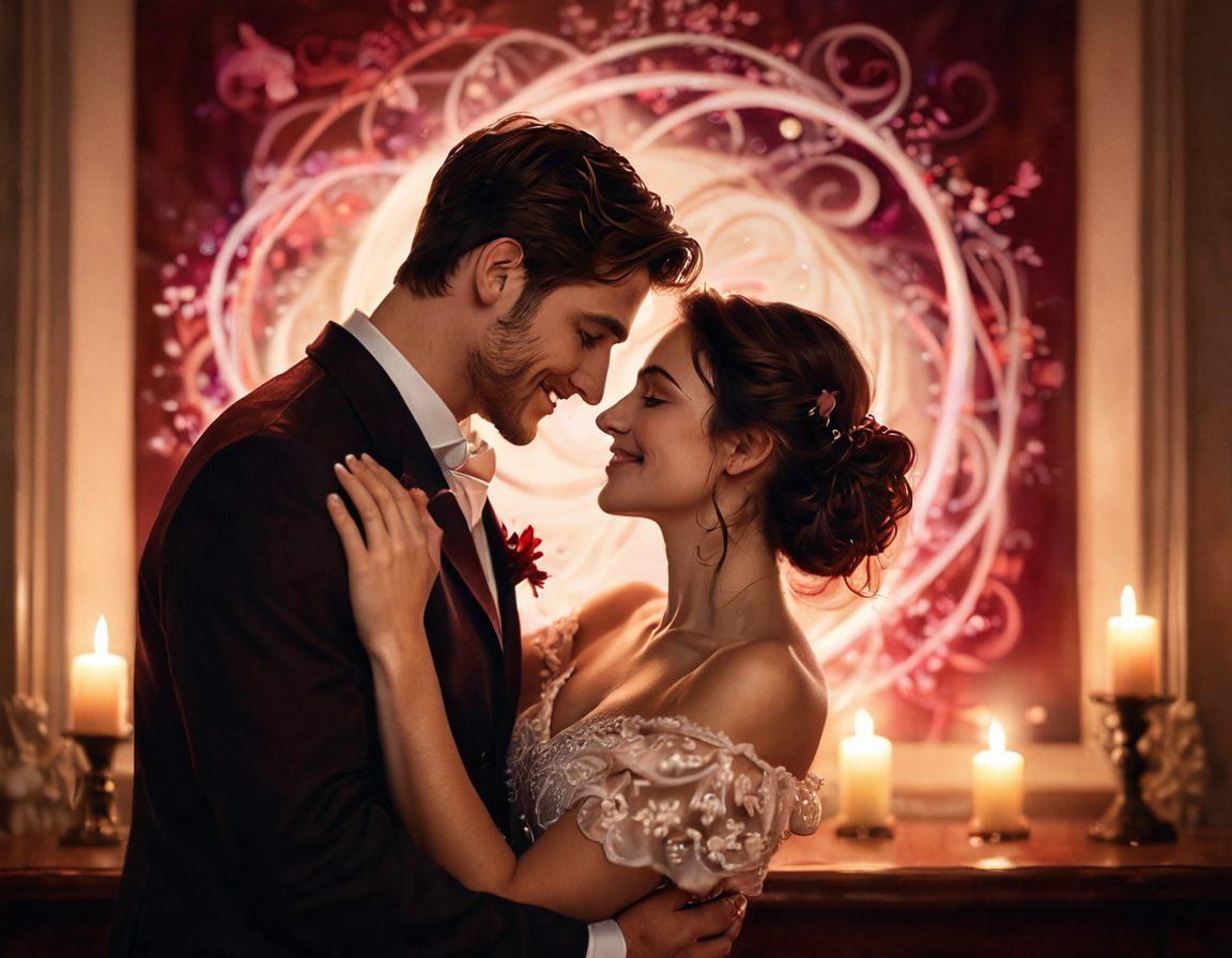 A romantic scene capturing the journey of love, from a couple exchanging playful glances during courtship to a passionate embrace in a candlelit room. The background features dreamy swirls of deep reds and soft pinks, symbolizing the transition from innocence to intimacy. Soft glowing lights and delicate floral elements add to the ambiance, suggesting warmth and connection. The couple is smiling, with an air of chemistry between them, encapsulating the spectrum of passion. super-realistic. vibrant colors. dreamy atmosphere.
