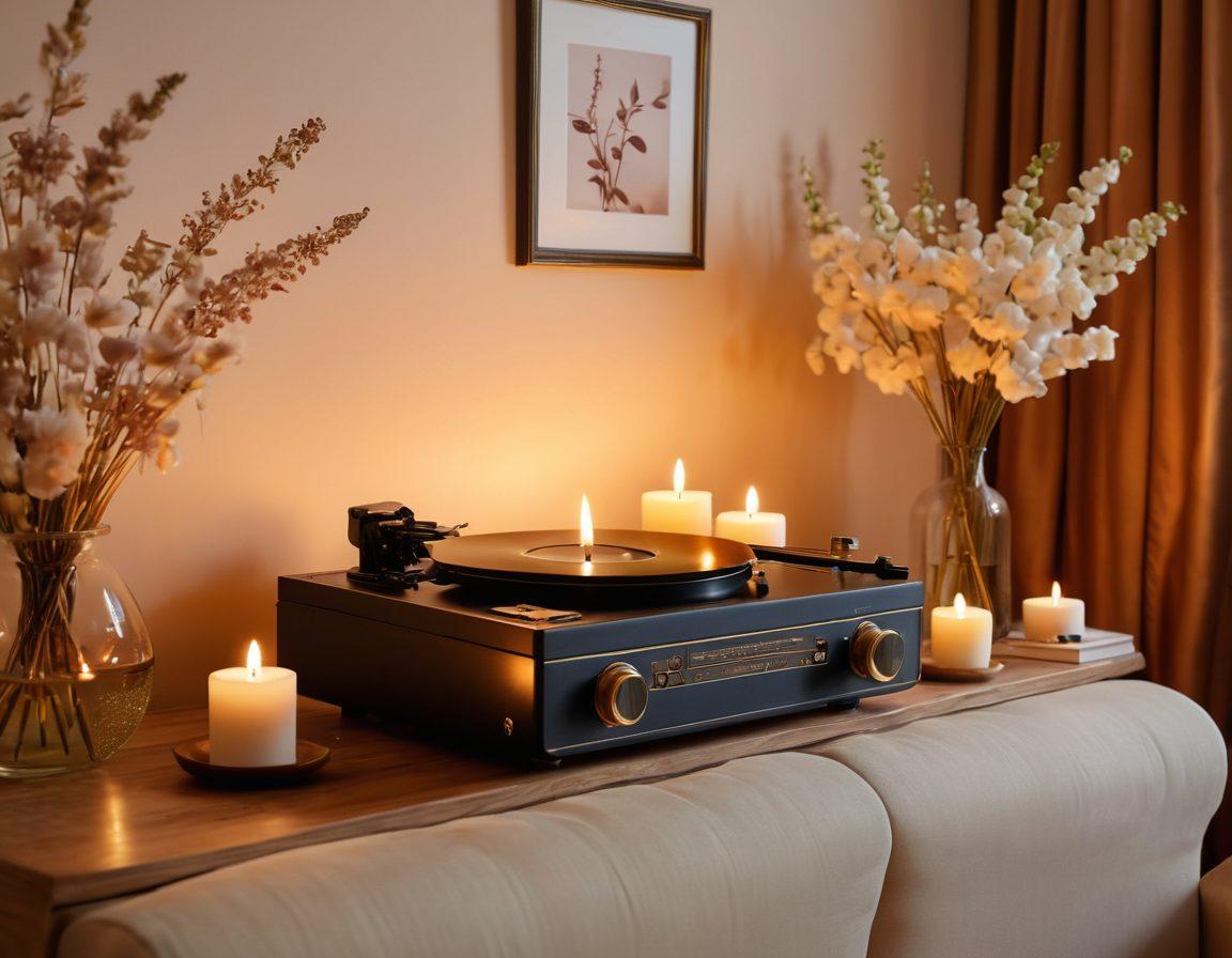 A luxurious, softly lit room adorned with satin fabrics and plush cushions, featuring a couple engaging in intimate conversation, surrounded by candles and essential oils. The ambiance exudes warmth and sensuality, inviting the viewer into a world of exploration and connection. Subtle hints of nature, like floral arrangements, enhance the theme of well-being and harmony. Elegant touches like a vintage record player and ambient music notes in the air add to the romantic atmosphere. super-realistic. vibrant colors. warm lighting.